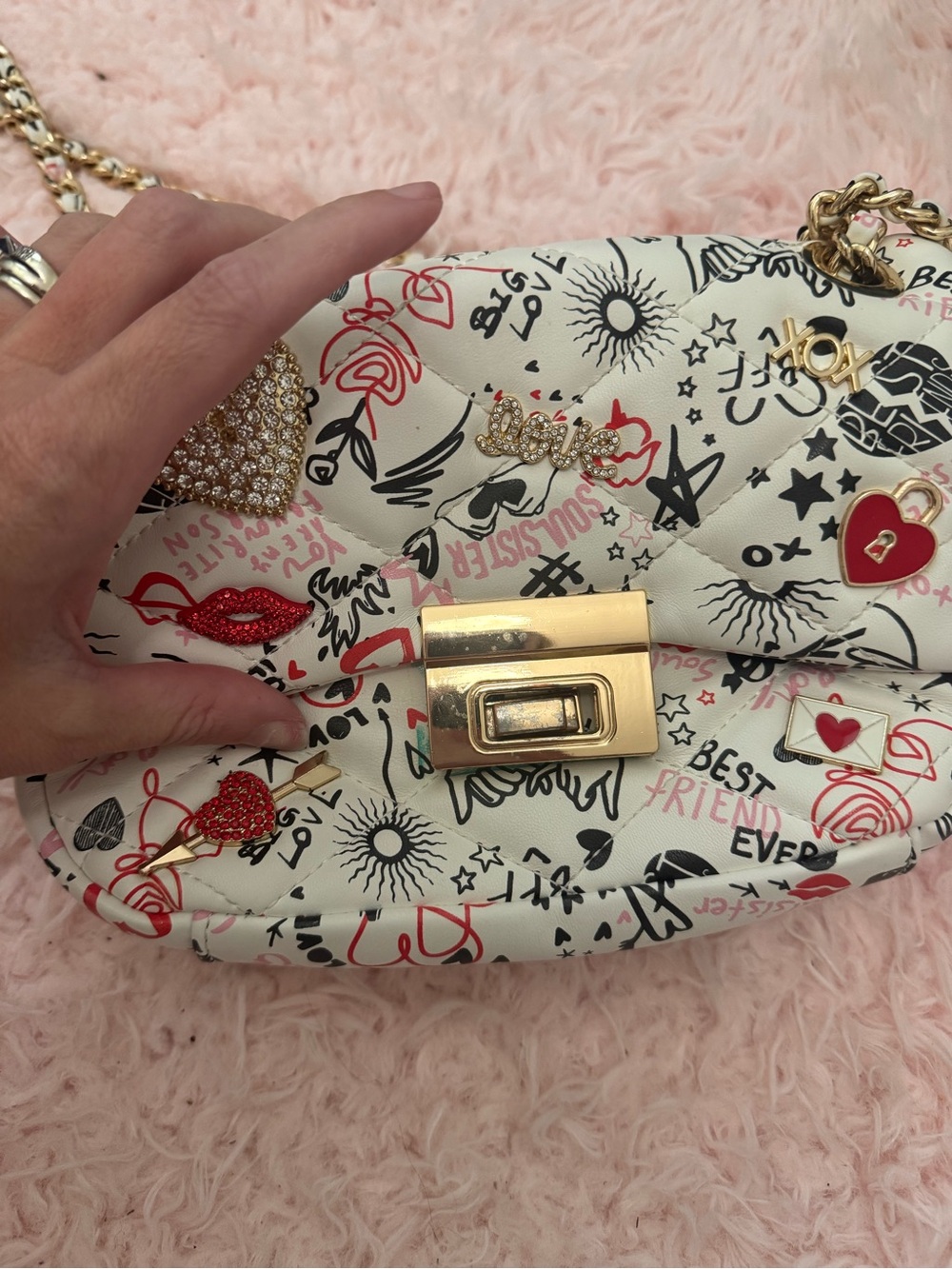 White Graphic Quilted Crossbody Bag with Gold Hardware